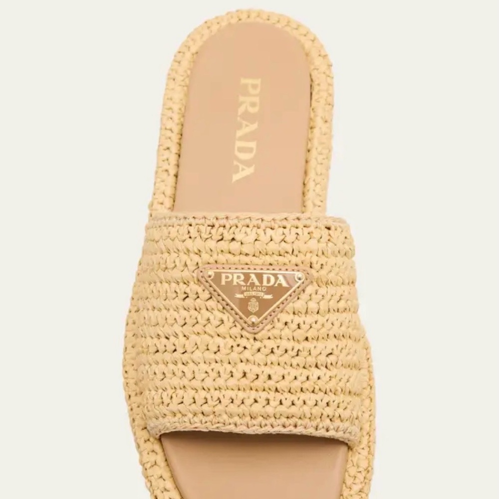 Prada Natural Raffia Slide Sandal with Logo Triangle